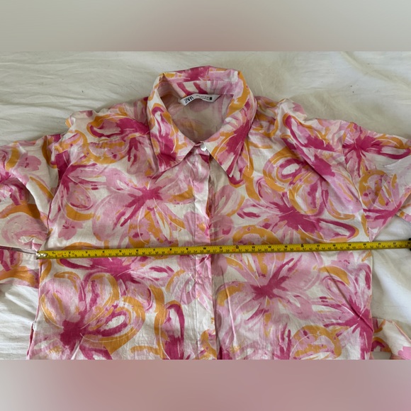 ZARA Pink Orange Floral Tropical Linen Blend Shirt Dress Size S - Picture 7 of 10